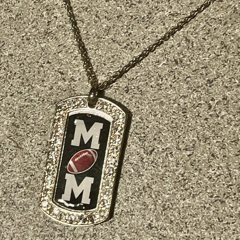 Silver 'Mom' Football Pendant Necklace 18” Length